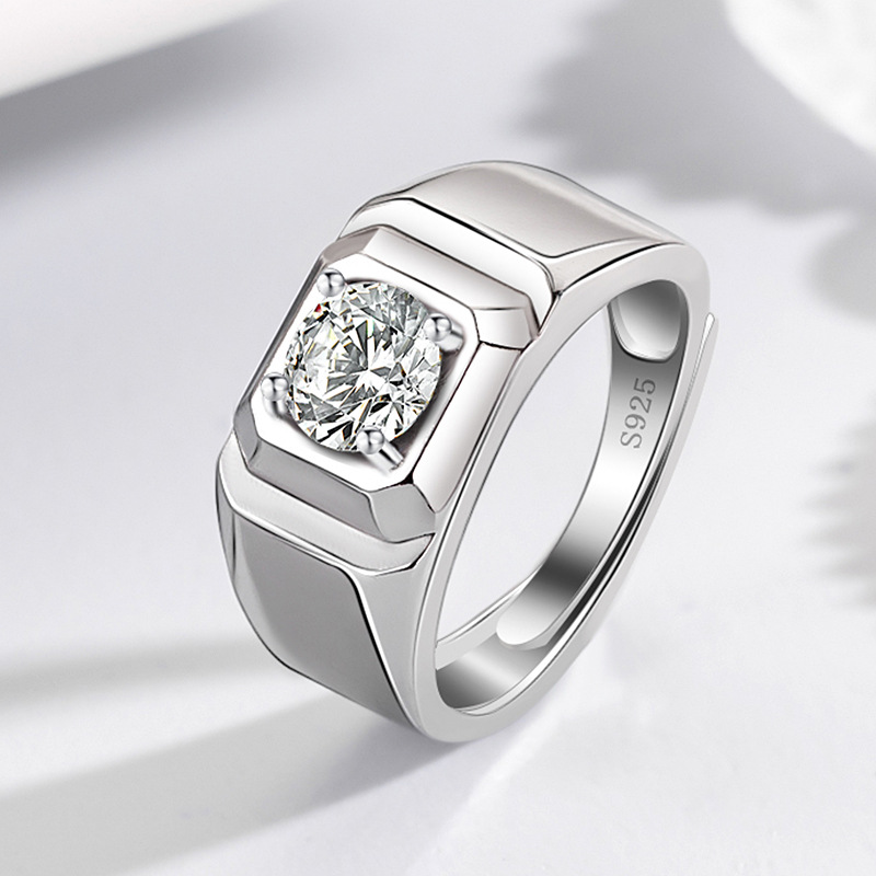 网红直播镀铂金男士戒指莫桑石仿真钻戒欧美开口个性指环现货批发