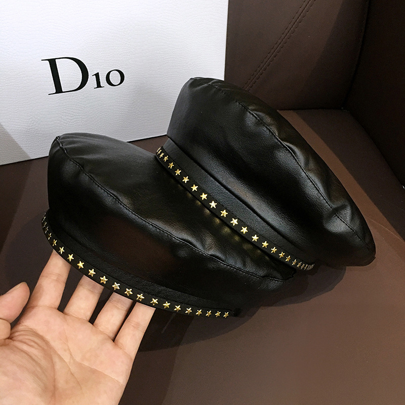 画家帽女鞠婧祎同款帽子黑色星星装饰时装帽文艺复古百搭潮贝雷帽