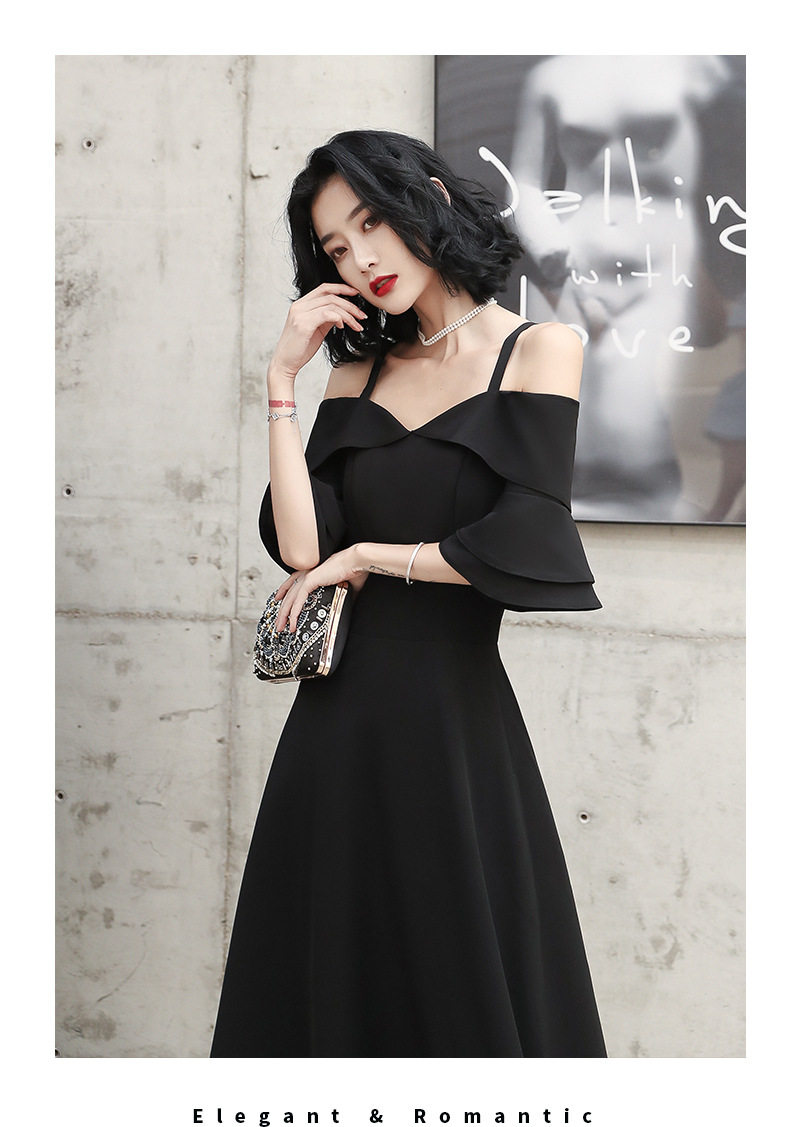 2020新款大气黑色长款吊带连衣裙显瘦一字肩宴会大摆晚礼服女