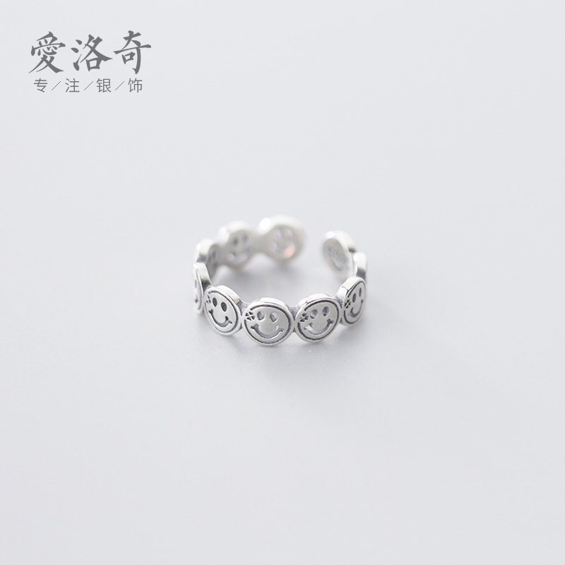 爱洛奇 s925银戒指女日韩风泰银可爱笑脸尾戒简约学生手饰品j7006
