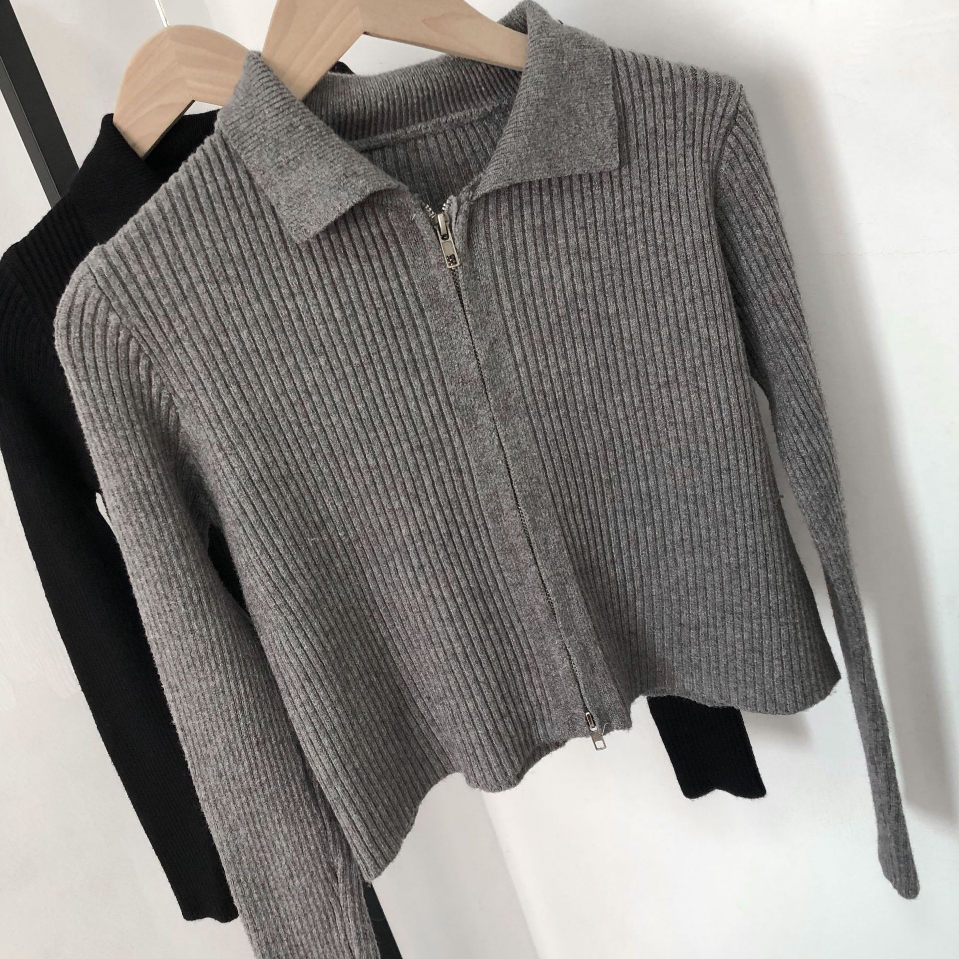 实拍双头拉链兔绒包芯纱针织上衣女2020秋季新款翻领毛衣短开衫潮