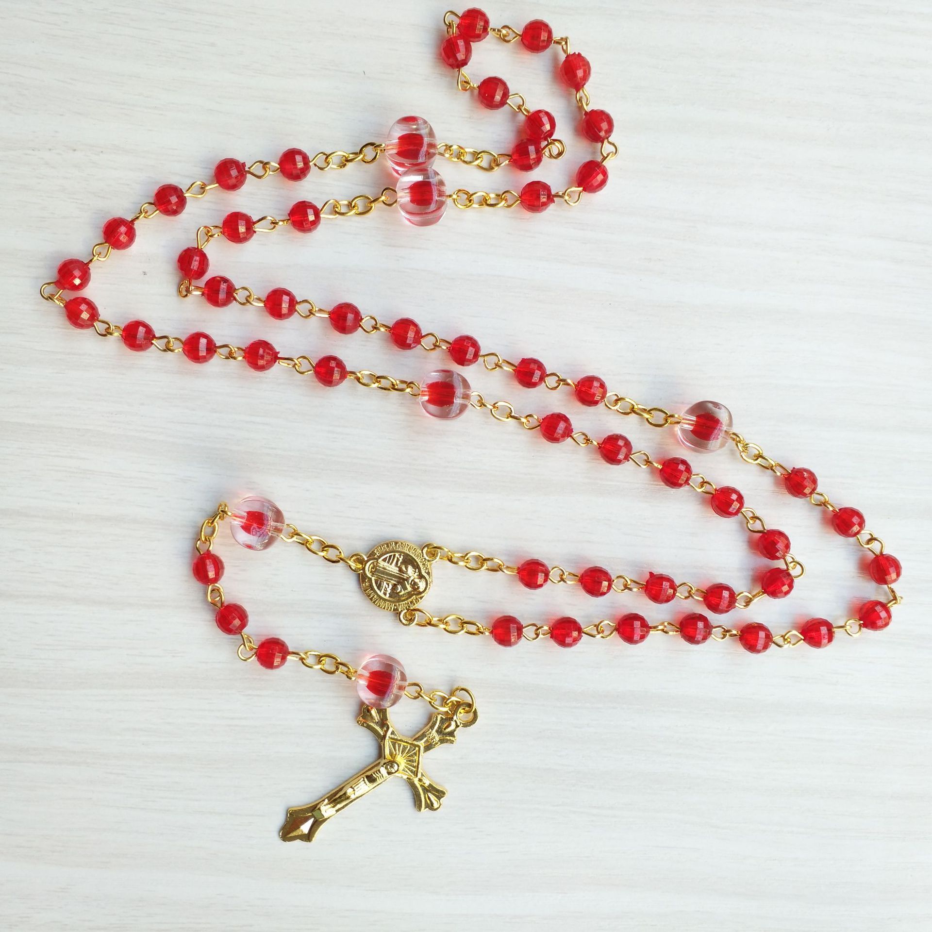 速卖通热销红色玫瑰念珠十字架基督徒祷告礼男女款天主教饰品项链