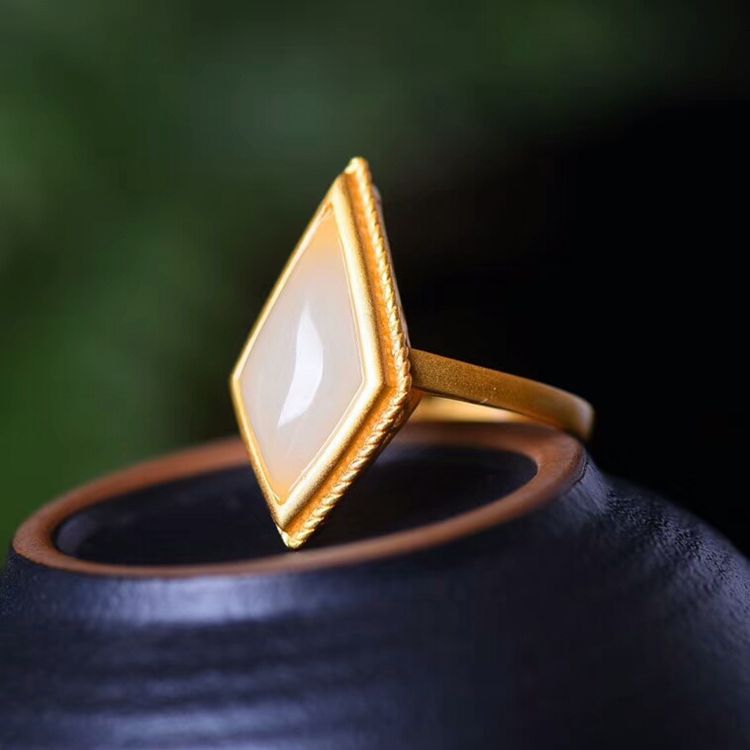 古法银镶嵌菱形和田玉白玉戒指 时尚大气女士款活口指环手饰饰品