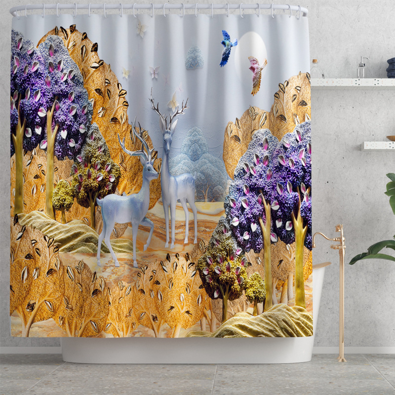 New 3D Deer Background Printing Waterproof Shower Curtain Carpet Four-Piece Set Toilet Mat Set Cross-Border Overseas Warehouse Exclusive