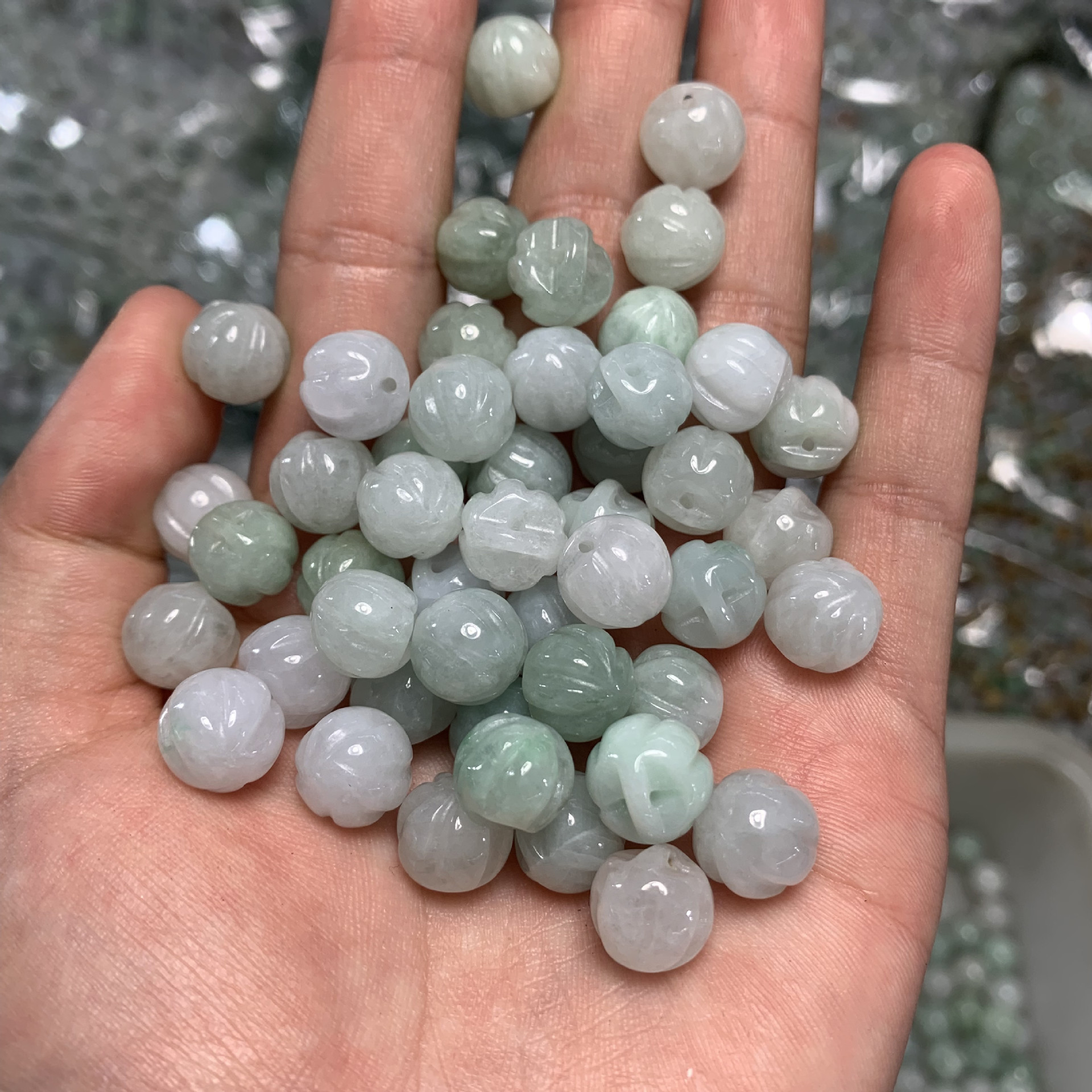 翡翠南瓜珠玉石散珠批发 冰糯种翡翠 南瓜圆珠饰品配件
