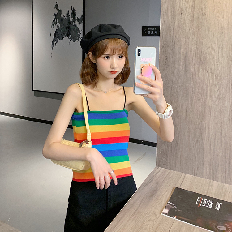 网红泫雅小吊带上衣夏外穿ins潮彩虹条纹针织小背心无袖内搭打底