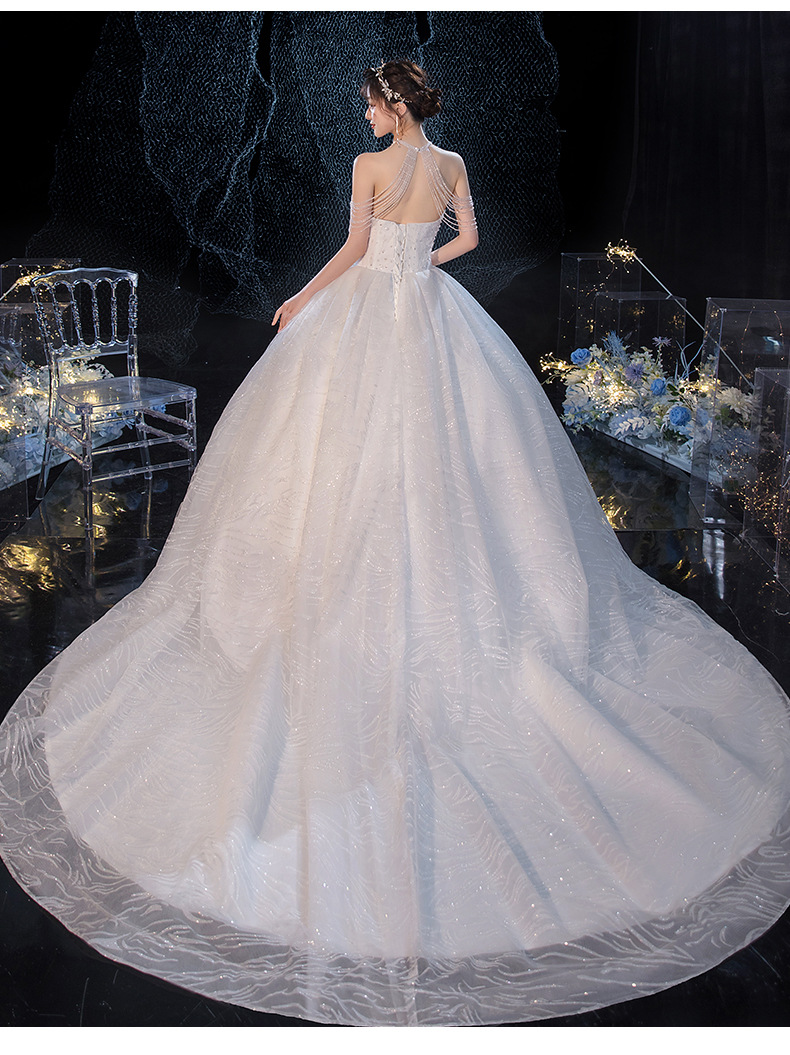 主婚纱2022新款气质大拖尾新娘礼服森系超仙梦幻星空长拖挂脖婚纱