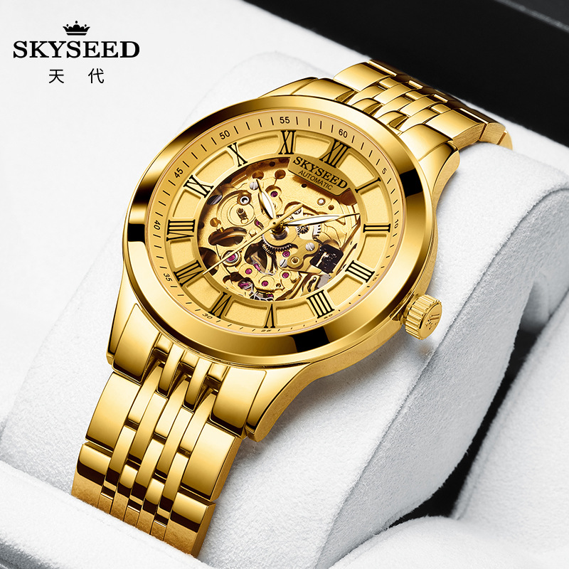 天代手表机械男指针螺旋表冠休闲复古正品透底中国商务机械表