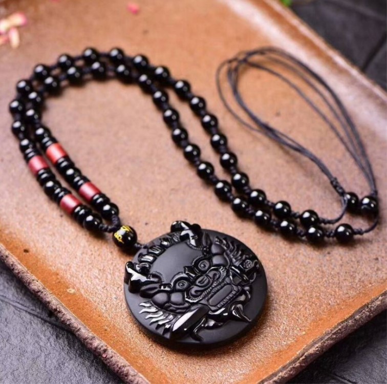 天然磨砂黑曜石石敢当睚眦吊坠男士男女转运挂坠项链项坠一件代发