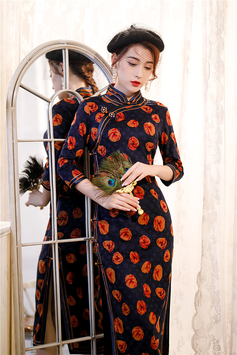 纯手工澳毛花扣中长中袖旗袍2020秋冬新款时尚改良中老年女士旗袍