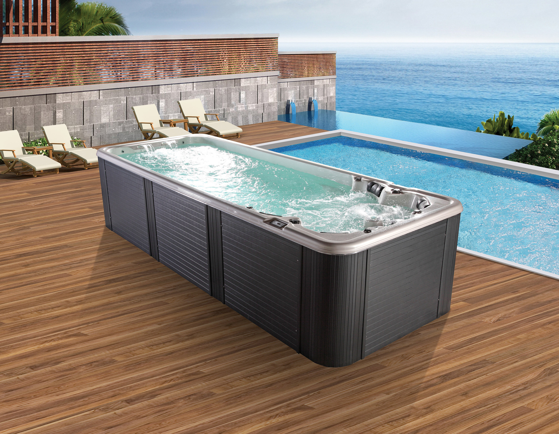 别墅户外无边际逆流健身泳池 亚克力无边际逆流冲浪按摩泳池