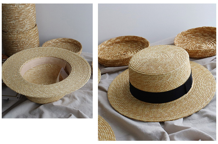 日系平顶麦秆草帽夏天防晒遮阳帽子女韩版时尚百搭出游海边沙滩帽