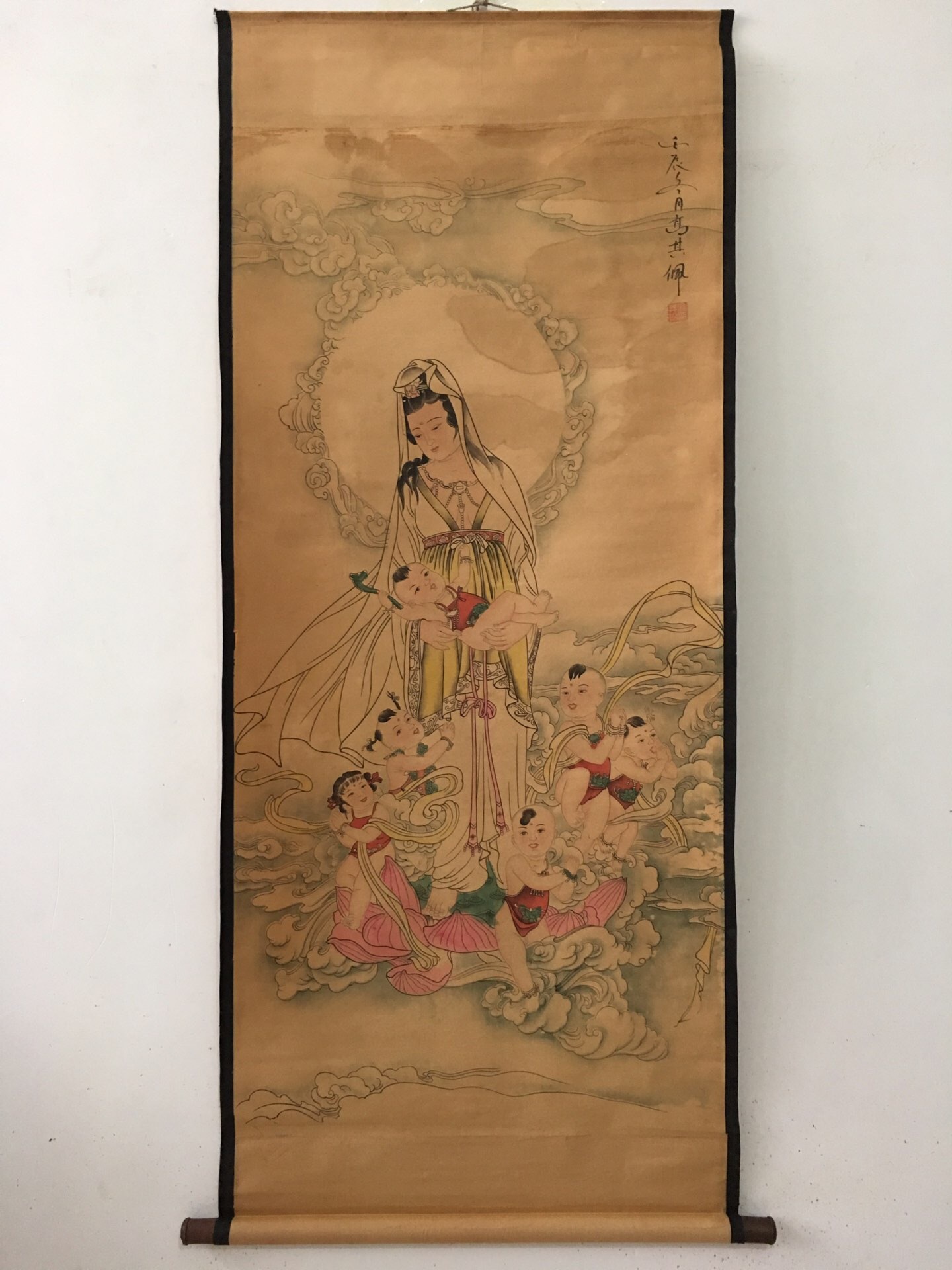 仿古字画中堂画国画 送子观音站观音图室内挂件装饰画已装裱