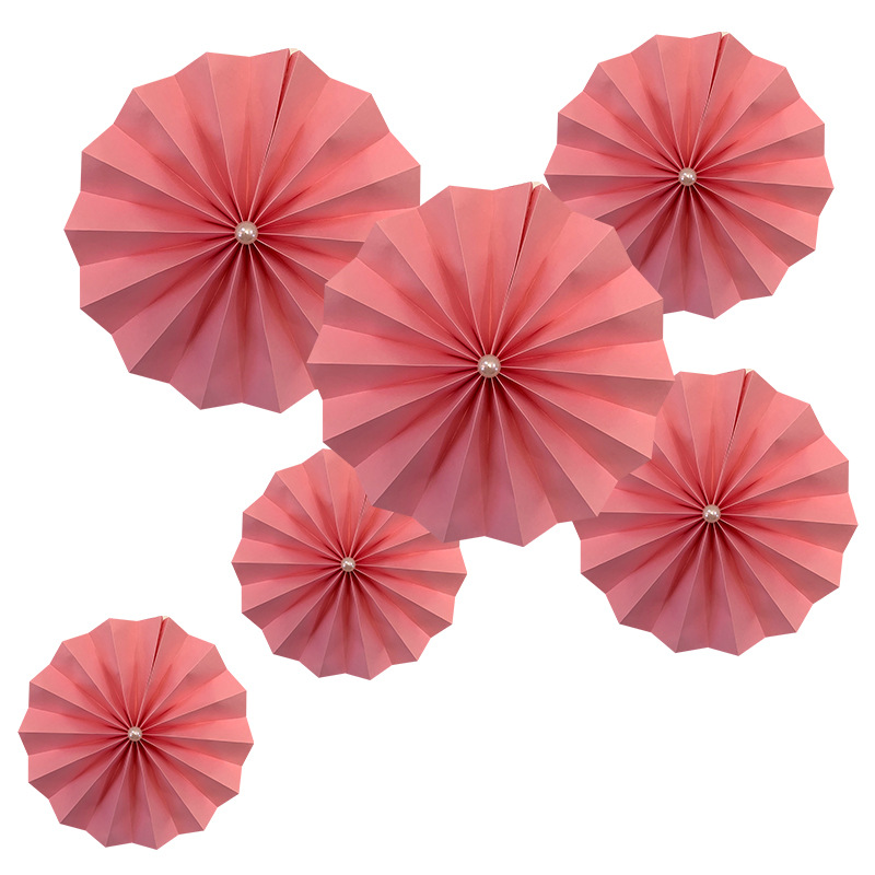 6个装纯红酒红大小号珍珠纸扇花立体结婚庆典橱窗装饰折纸扇拉花