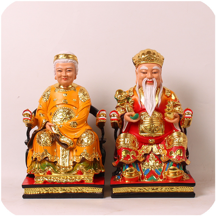 土地公土地婆神像16英寸树脂家用供奉彩绘福德正神夫人像摆件