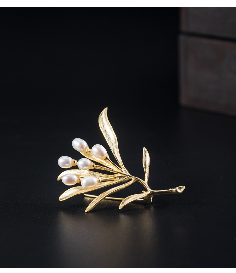 s925银复古树叶胸针男女通用高档奢华气质礼服西装固定衣服别针