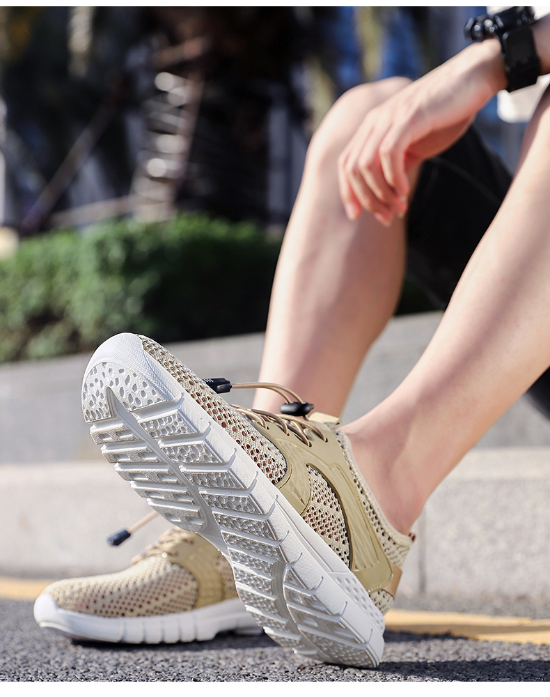 新款男士时尚拼接网面透气百搭休闲鞋舒适户外防滑免系带运动鞋