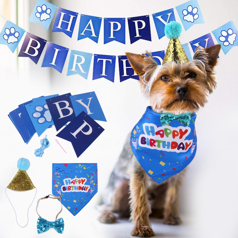 Summary Amazon Pet Birthday Dress up Set Hat Hanging Flag Saliva Towel Set Birthday Arrangement Props