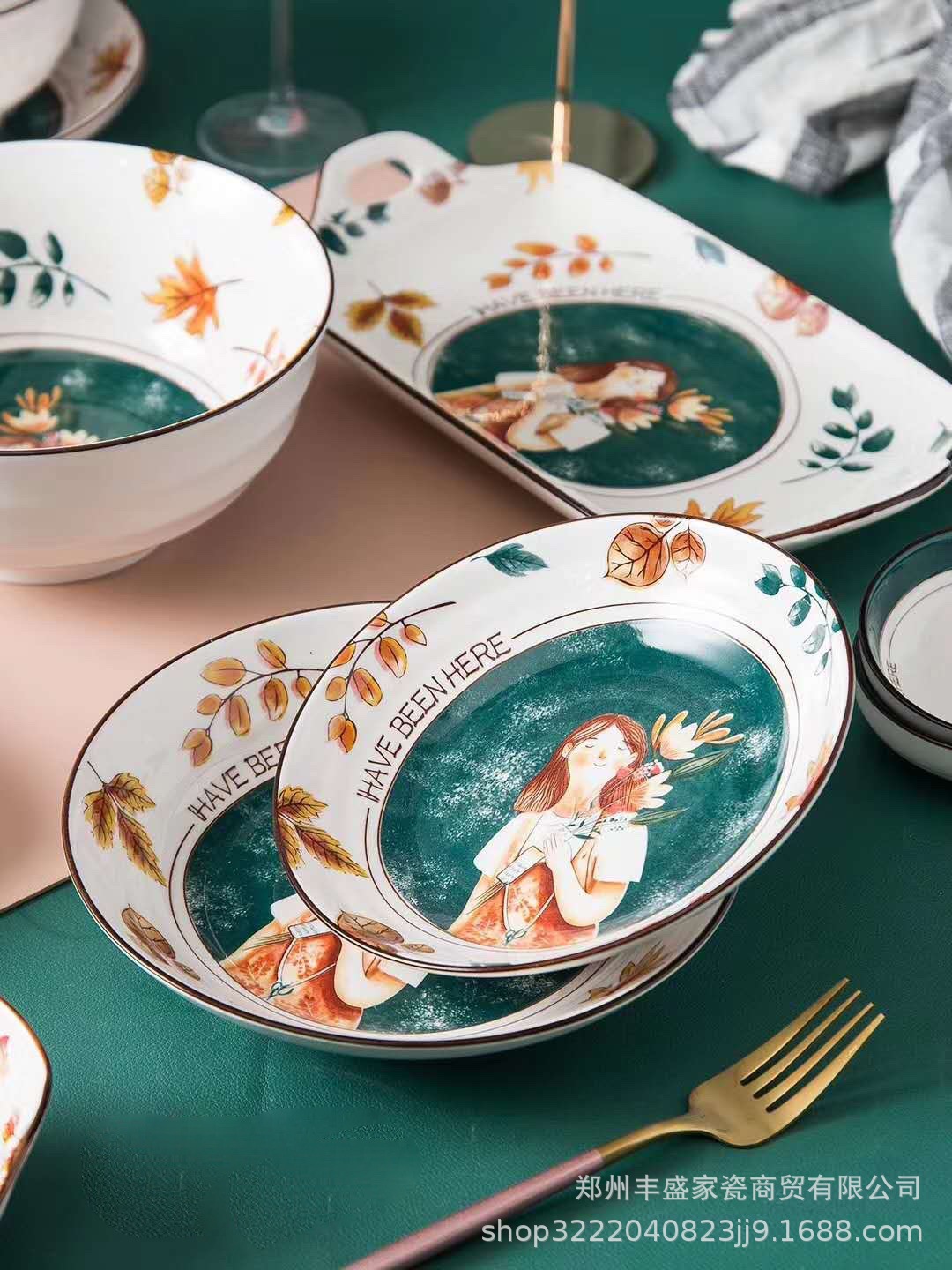 热销网红小女孩美特隆秋天童话陶瓷餐具碗盘散件 陶瓷吃饭碗盘子
