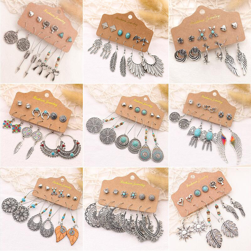 Cross-Border Set Earrings Alloy Rhinestone Feather Drop Oil round Water Drop Wings Wood Vintage Travel Earrings Ear Studs