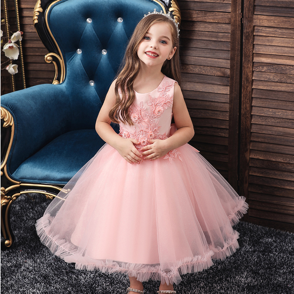 欧美夏季新款女童礼服裙精美绣花钉珠玻璃纱蓬蓬大裙摆公主裙表演
