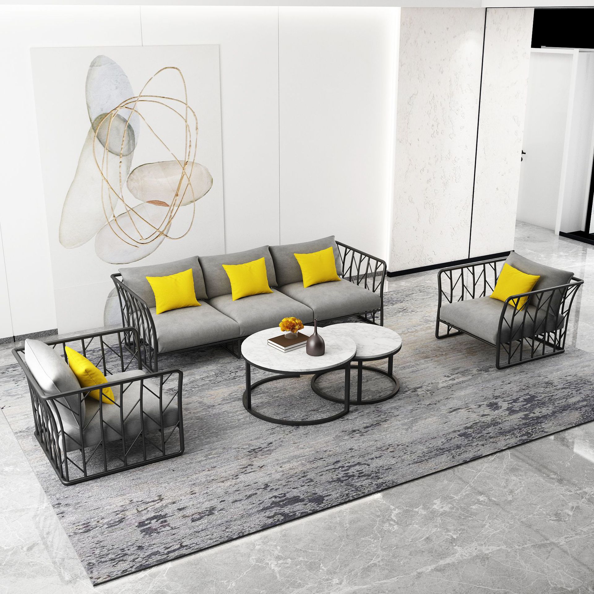 北欧简约布艺沙发服装店休闲沙发椅商务酒店接待轻奢沙发茶几组合