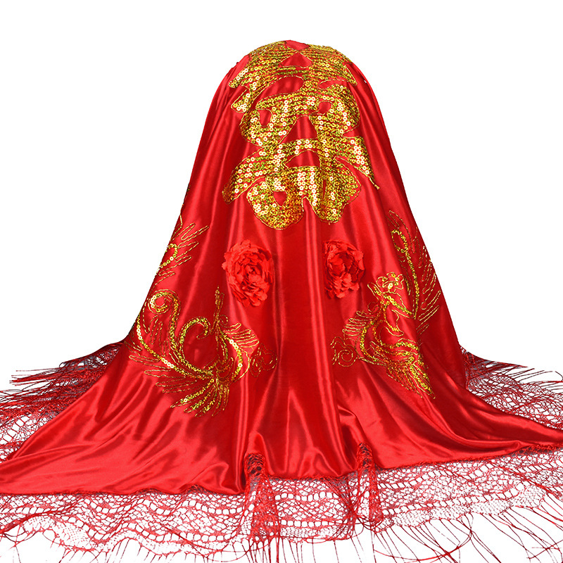 Spot Red Wedding Veil Satin Wedding Supplies New Couple Headdress Veil Chinese Wedding Bride Red Veil Wholesale