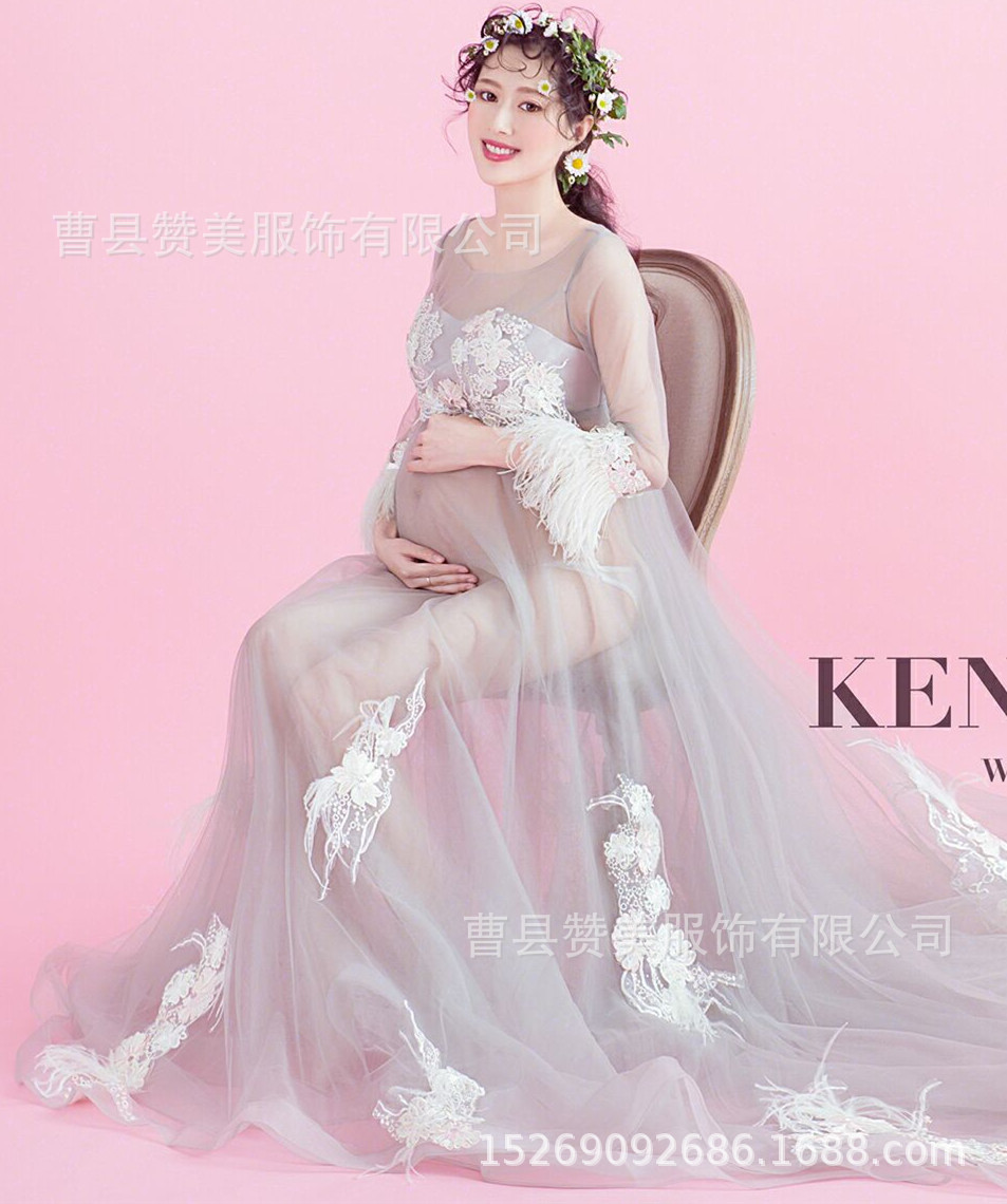 孕妇摄影服装新款影楼孕妇拍照摄影写真艺术照透视花朵网纱礼服装