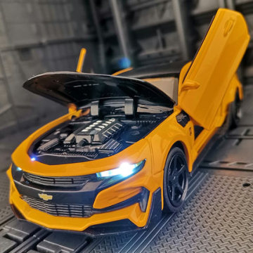 (彩盒)建元仿真车模型科迈罗大黄蜂合金车儿童声光回力汽车