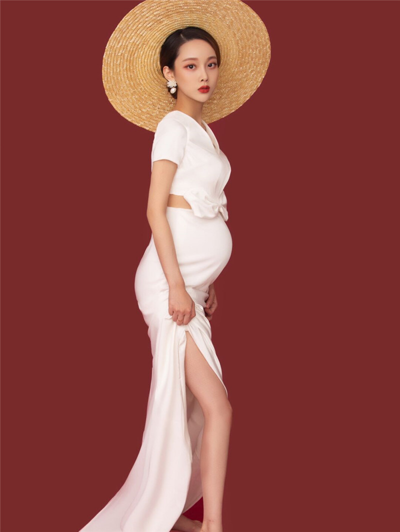 孕妇照服装简约唯美白色复古风长裙影楼拍照摄影孕妇照片写真服装