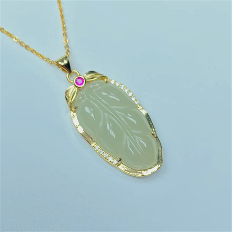 厂家 新疆和田玉 925银镶嵌 金镶玉吊坠 叶子 玉石挂件