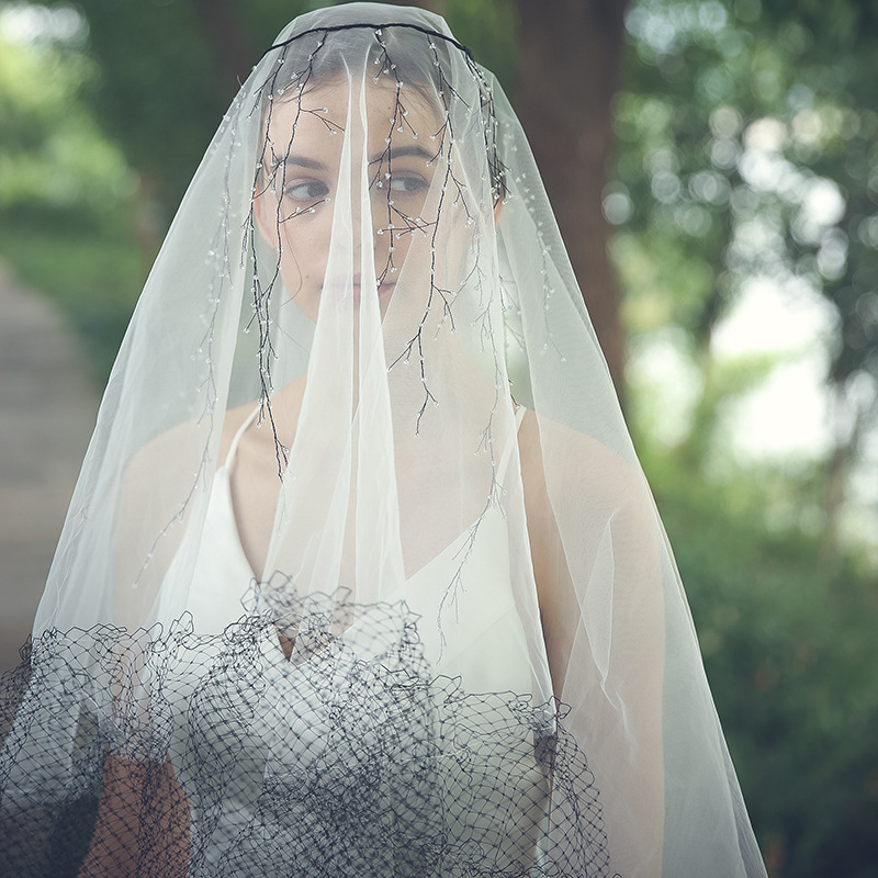 网红抖音同款手工黑色婚礼头纱女式长款盖头面纱手工水晶编织头饰