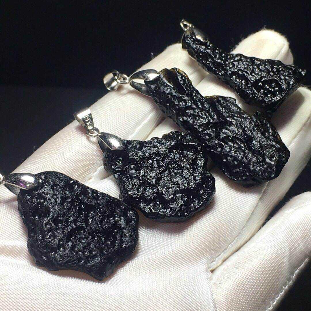 天然陨石 雷公墨玻璃陨石 吊坠项链 天外来客 幸运石 卡扣款 包边