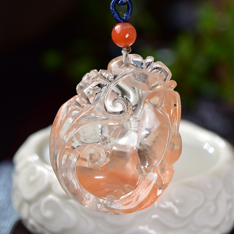 天然红兔毛水晶手把件 年年有鱼金钱吊坠 厂家批发展销会特卖正品