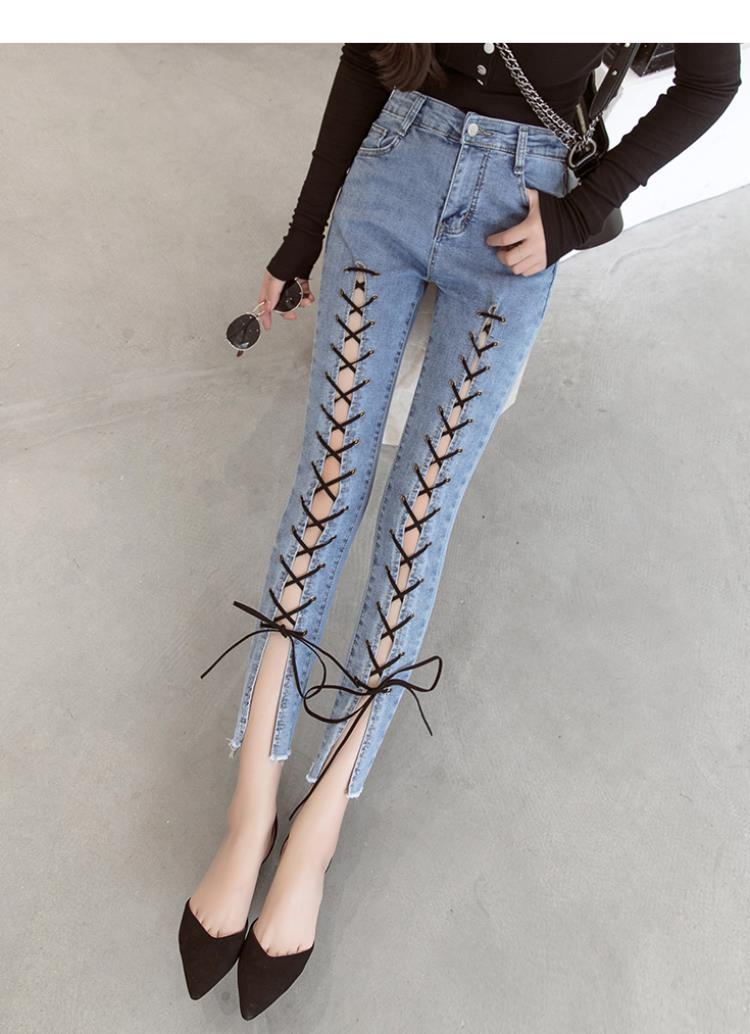 网红裤子2020款秋冬高腰牛仔裤女直筒裤镂空绑带紧身小脚裤九分裤