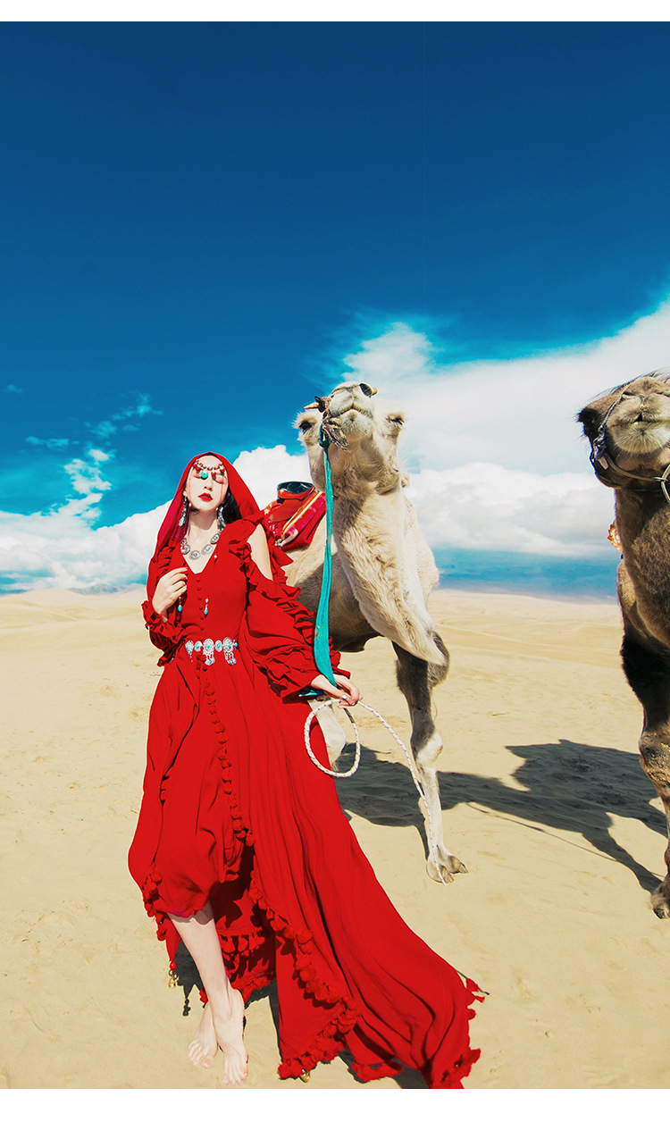 沙漠长裙西北草原旅游拍照衣服超仙青海湖茶卡盐湖裙子红色连衣裙