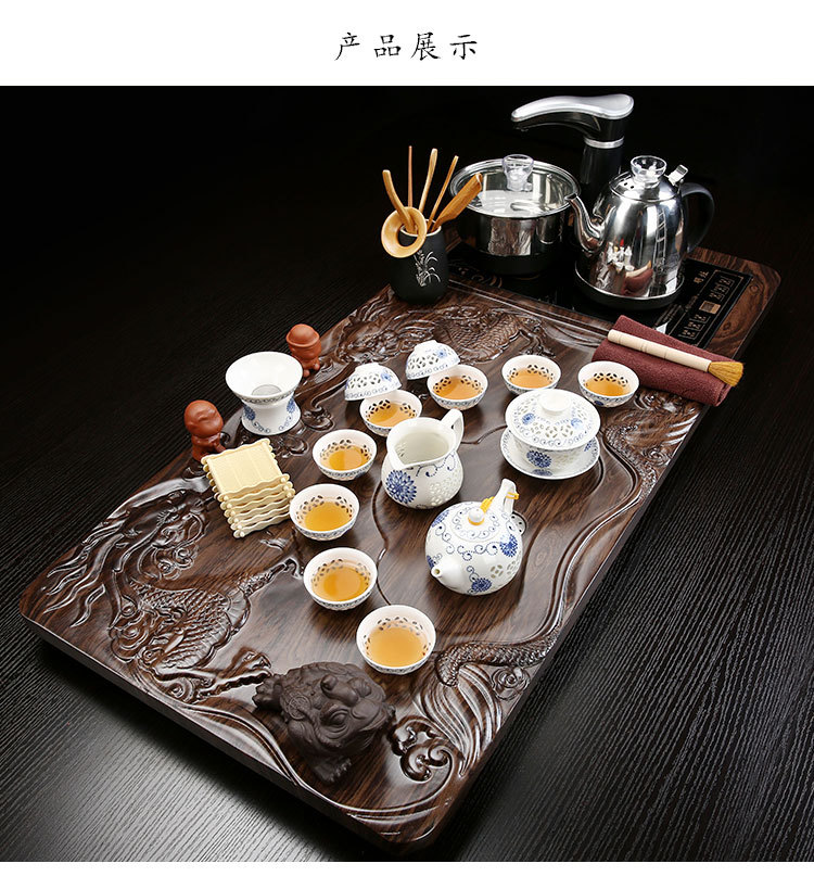 整套紫砂陶瓷功夫茶具大套装简约实木茶盘茶台家用带全自动电磁炉