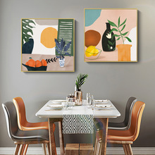 现代简约餐厅装饰画北欧 莫兰迪色清新抽象植物橘子静物公寓民宿
