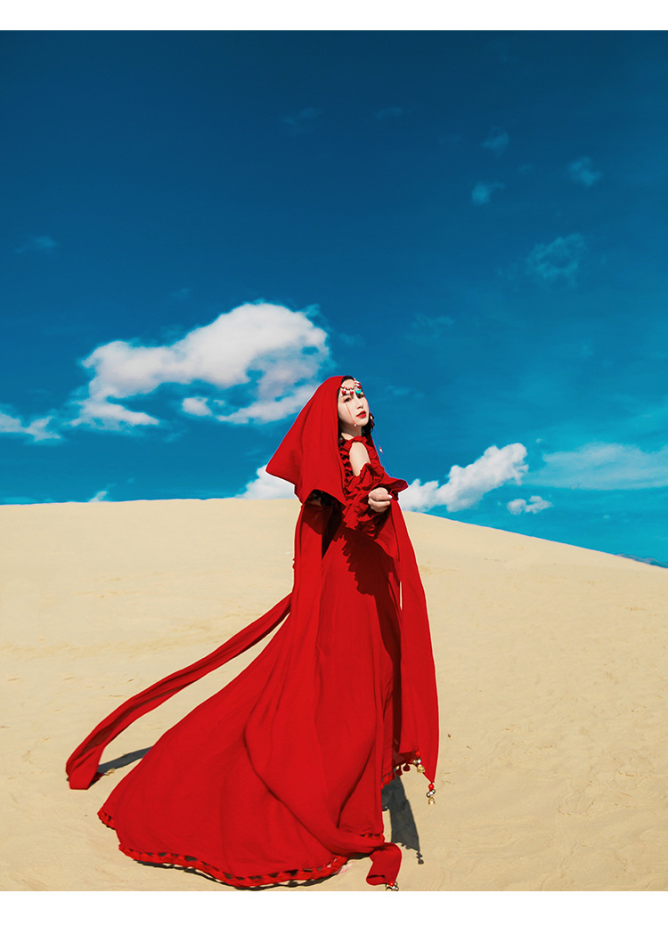 沙漠长裙西北草原旅游拍照衣服超仙青海湖茶卡盐湖裙子红色连衣裙
