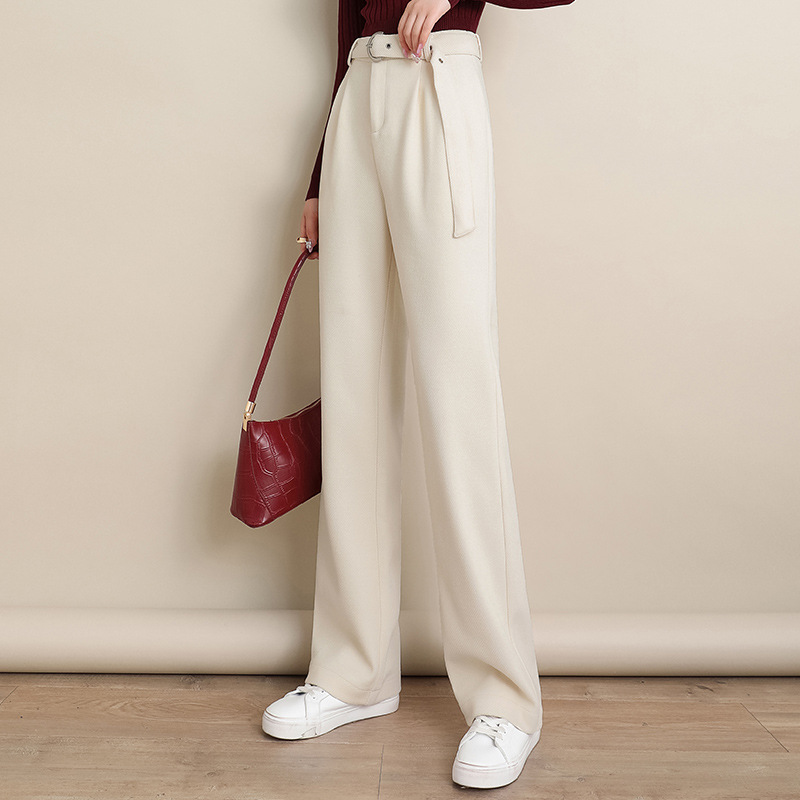 秋冬高腰阔腿裤女米白色雪尼尔休闲裤长裤韩版宽松垂感直筒裤腰带