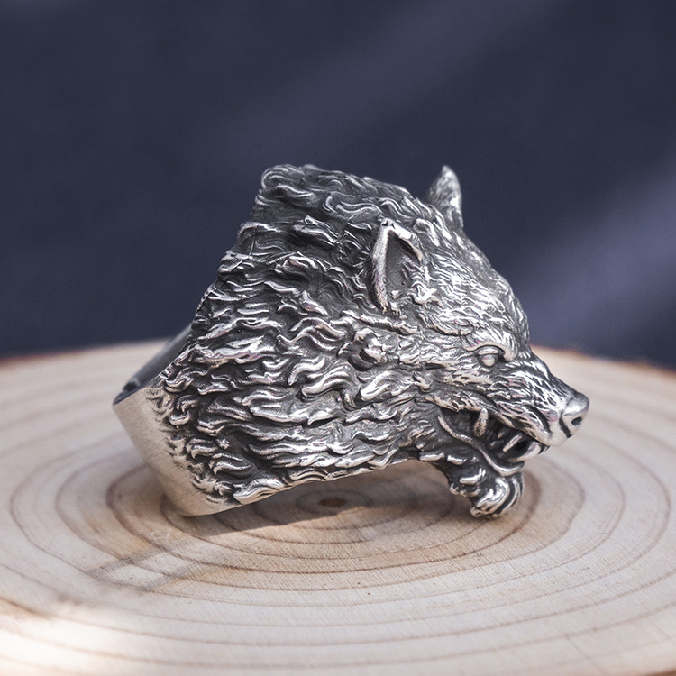 s999银饰品复古足银粗犷潮款霸气狼头狼王戒指 男士个性夸张指环