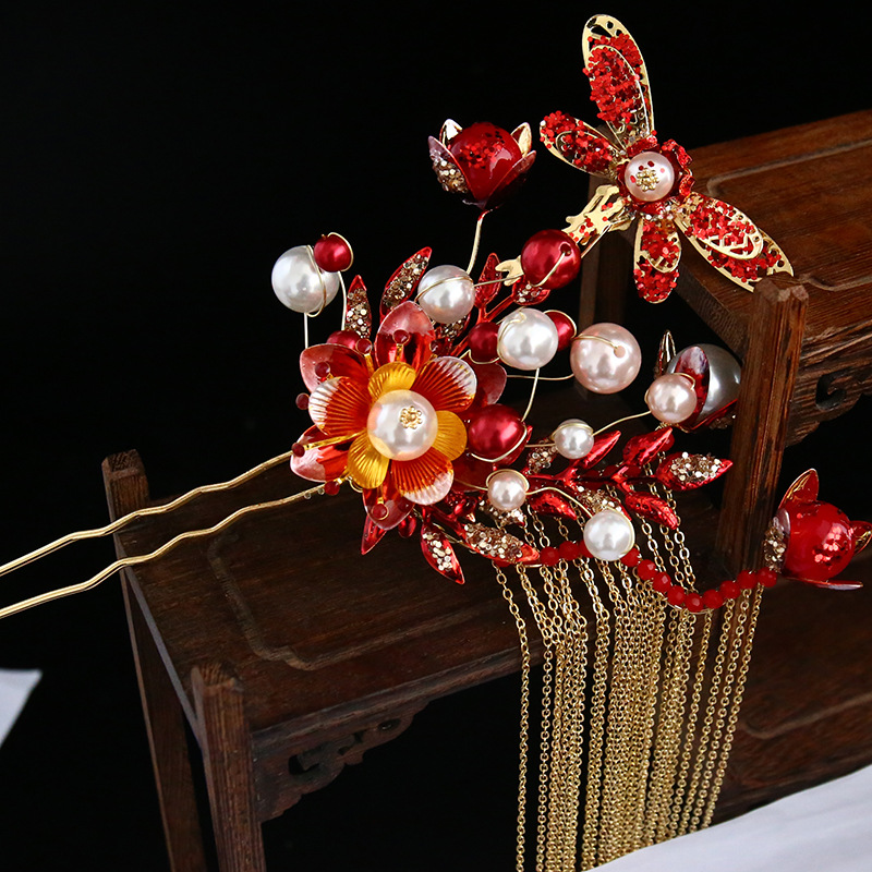 中式新娘秀禾服头饰凤冠大气步摇红色饰品结婚2020新款秀和发饰女