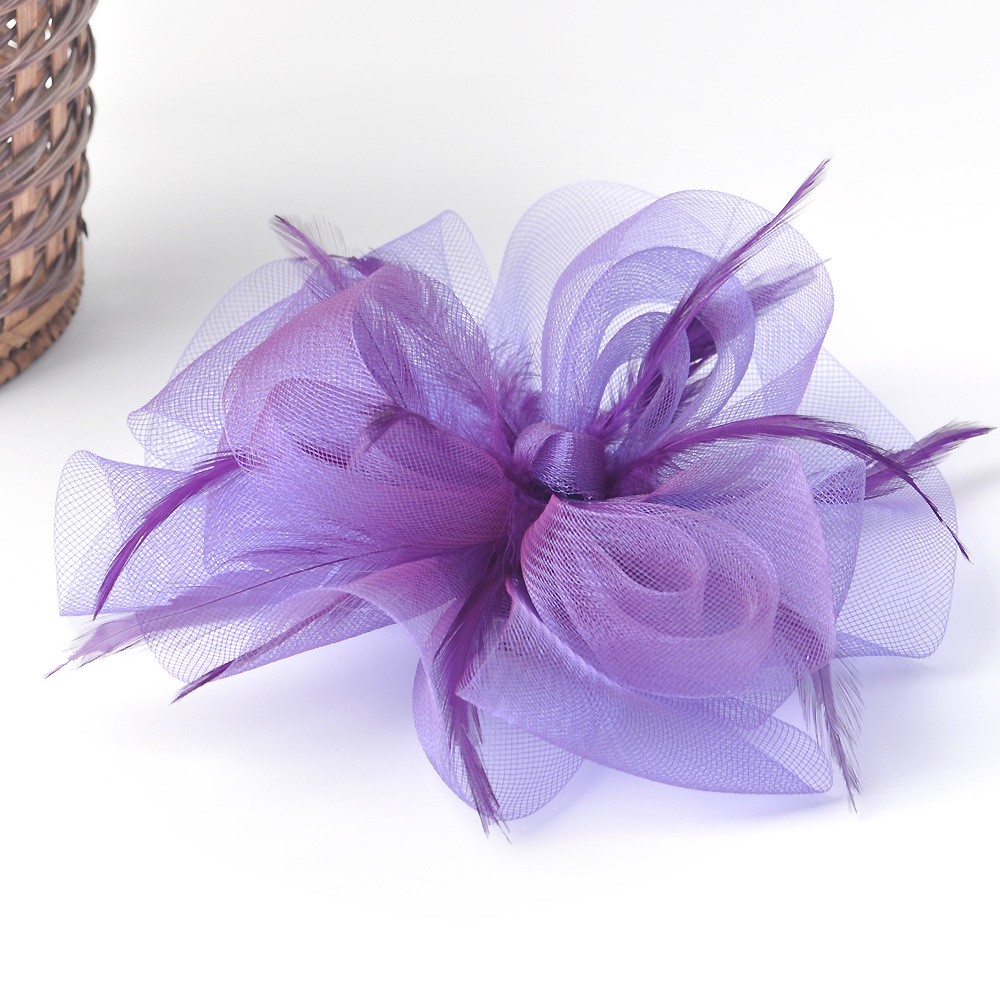 紫色欧美网纱羽毛发夹新娘婚纱礼服头饰派对舞会表演出发饰品批发