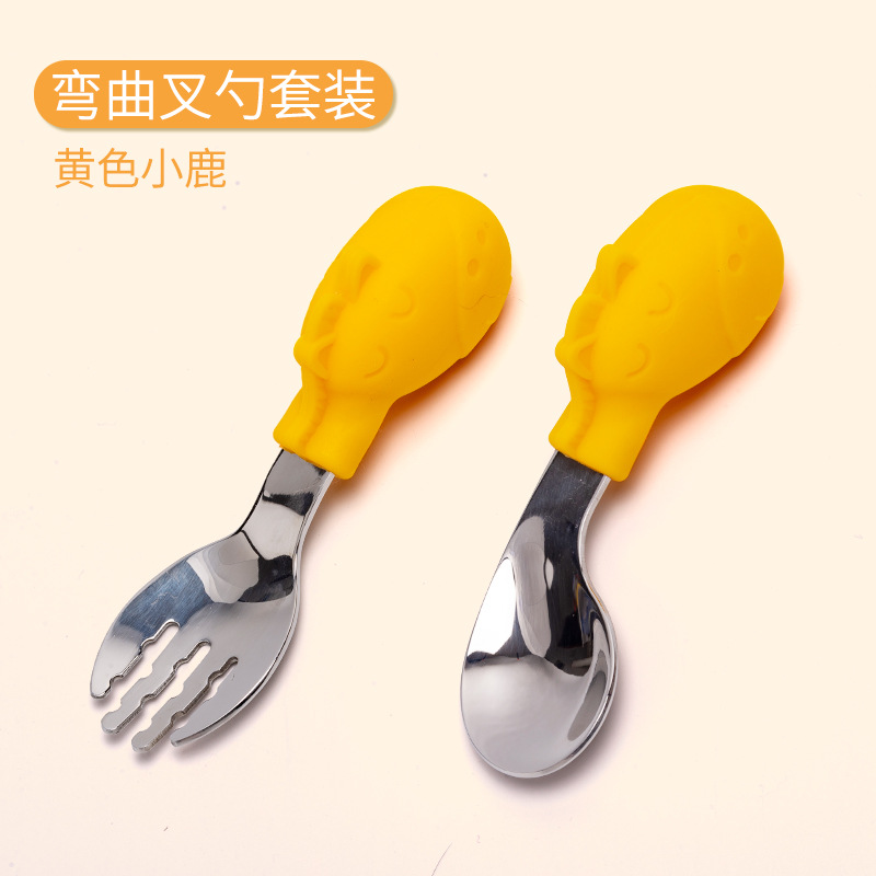 In Stock Wholesale 316 Stainless Steel Children‘s Tableware Baby Spoon Children Spoon Silicone Baby Training Fork and Spoon