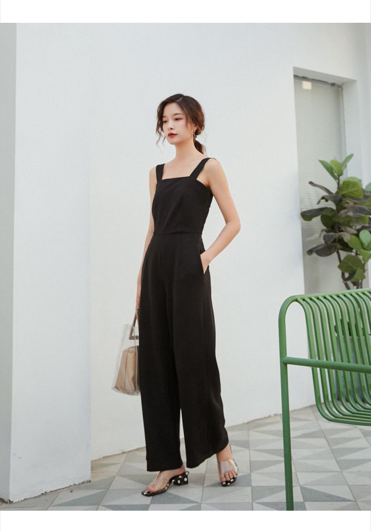 欧美风连体裤女2019秋黑色高腰阔腿露背气质连衣裤宽松直筒背带裤