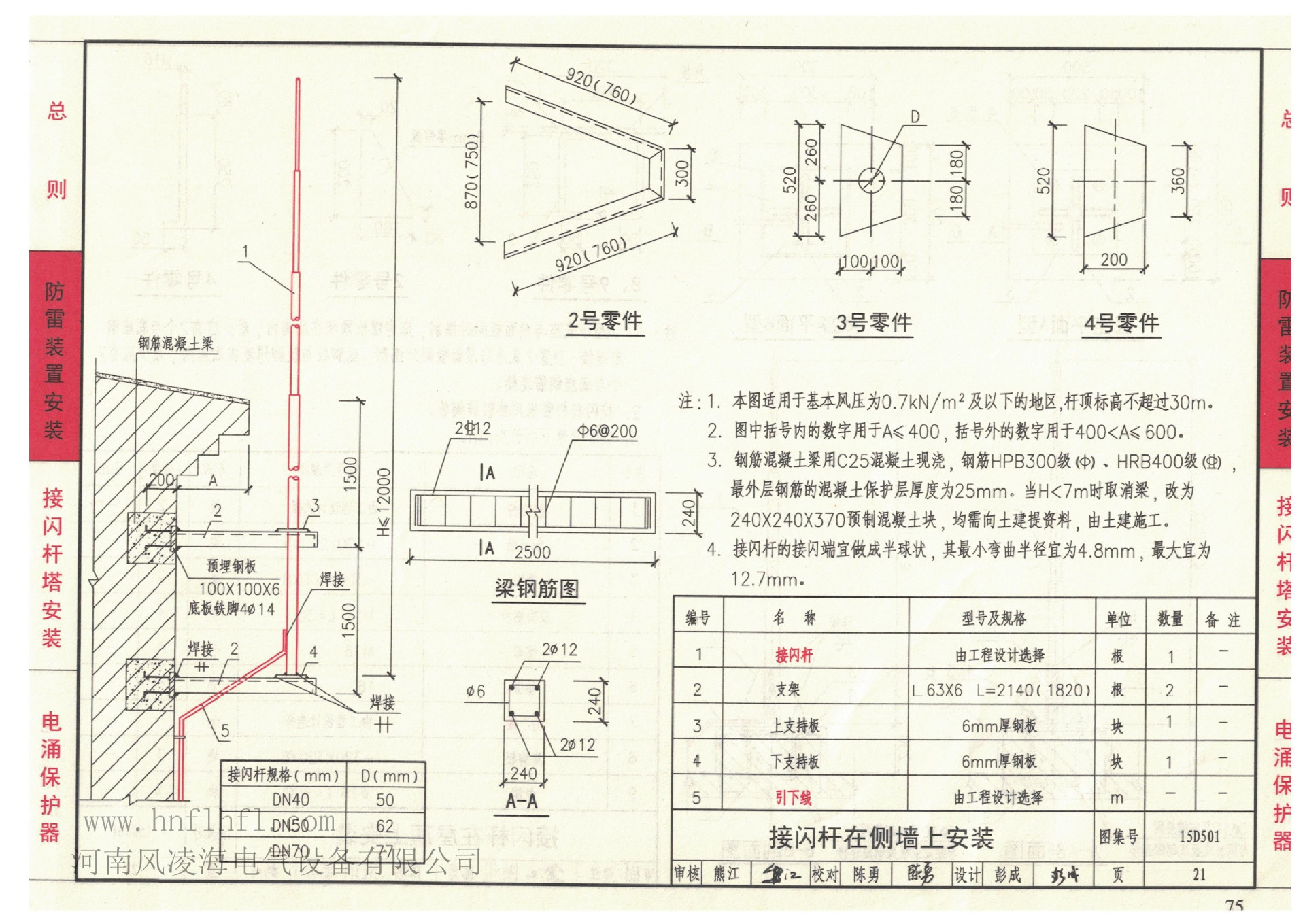 7米8米10米避雷针 图集15d501接闪杆制作图 侧墙上安装接闪杆