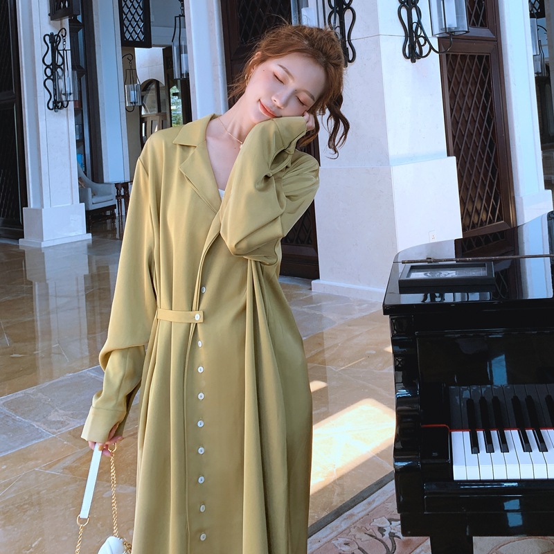 批发韩系ins气质ol芥末绿西装领单排扣别致袢扣收腰衬衫连衣裙女
