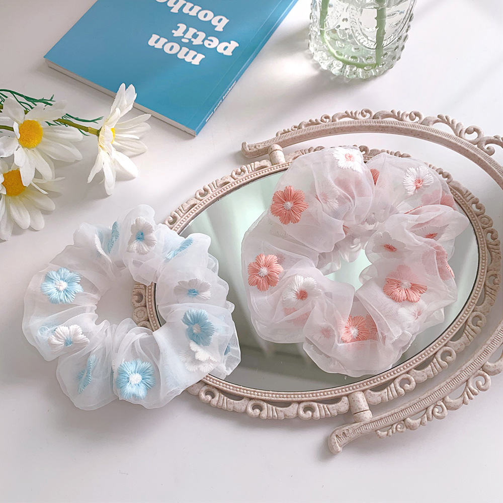 Romantic Pink Blue ~ Sweet Embroidery Flower Hairband Lace Large Intestine Ring Net Yarn Flowers Flower Hairband Girly Heart Hair Accessories