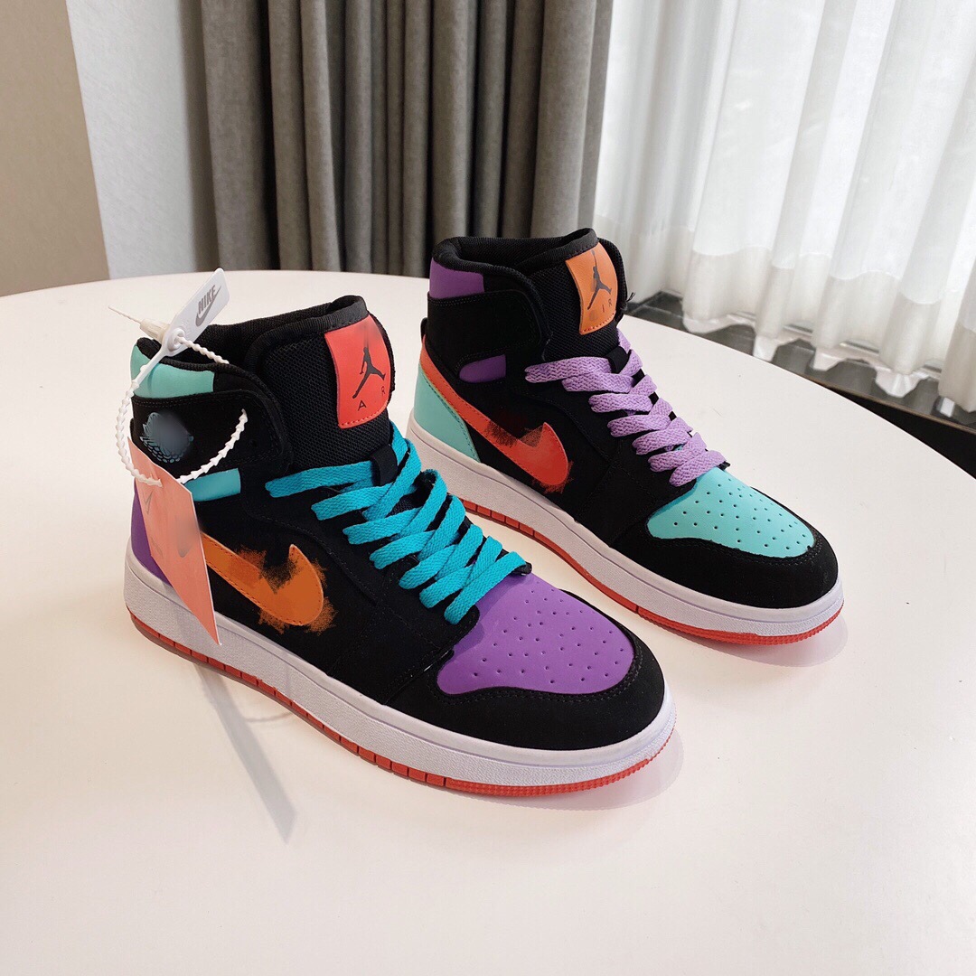 aj鸳鸯糖果鞋2020秋冬新款拼色高帮板鞋女百搭学生真皮休闲鞋加绒