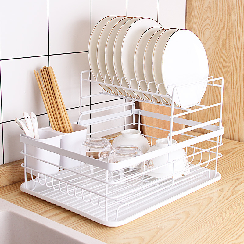 Kitchen Rack Household Countertop Dish Rack Draining Rack Japanese Multi-Functional Double-Layer White Dish Rack